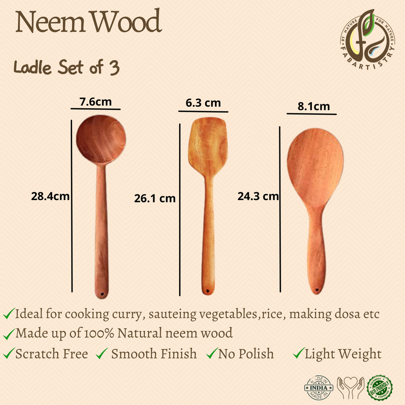 Neem Wood Ladles Set of 3 (Rice, Curry and Flip)
