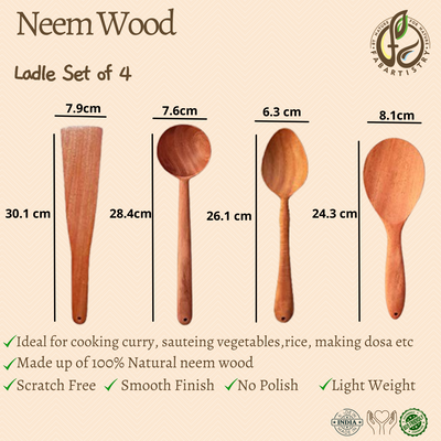 Neem Wood Ladles Set Of 4 (Rice, Curry, Vegetables and Dosa)