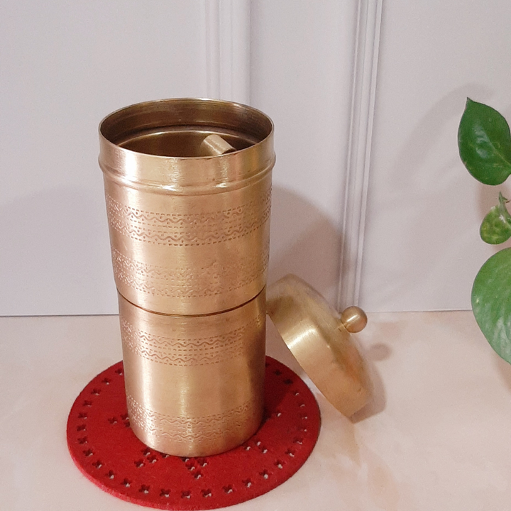 Premium Brass/Peetal Hand Etched Filter coffee Maker (Medium, Suitable for 4)-Kansa-Fabartistry