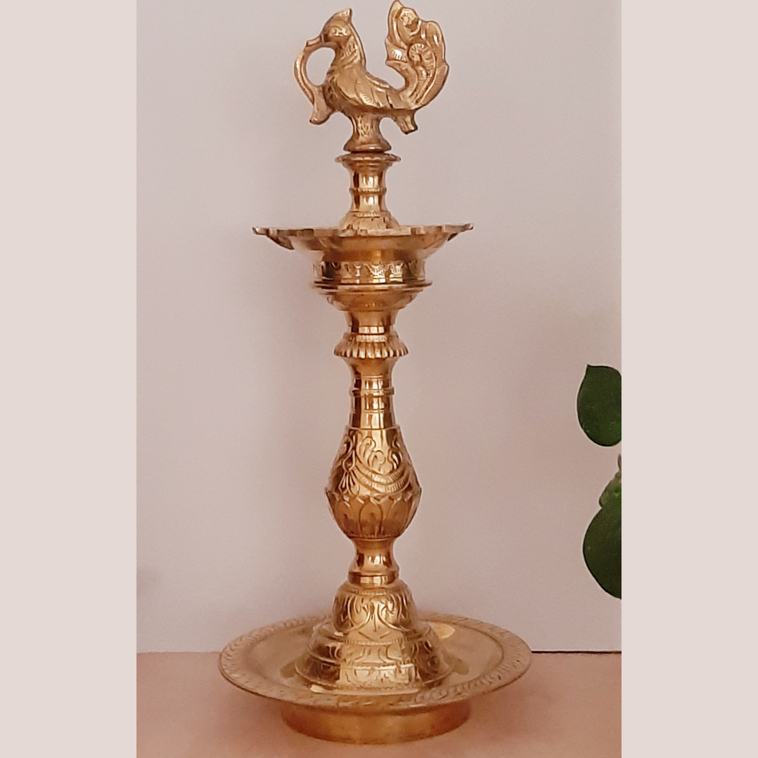 Premium Hand Etched Brass/Peetal Kuthuvilakku(Lamp, 12 Inches)-Brass-Fabartistry