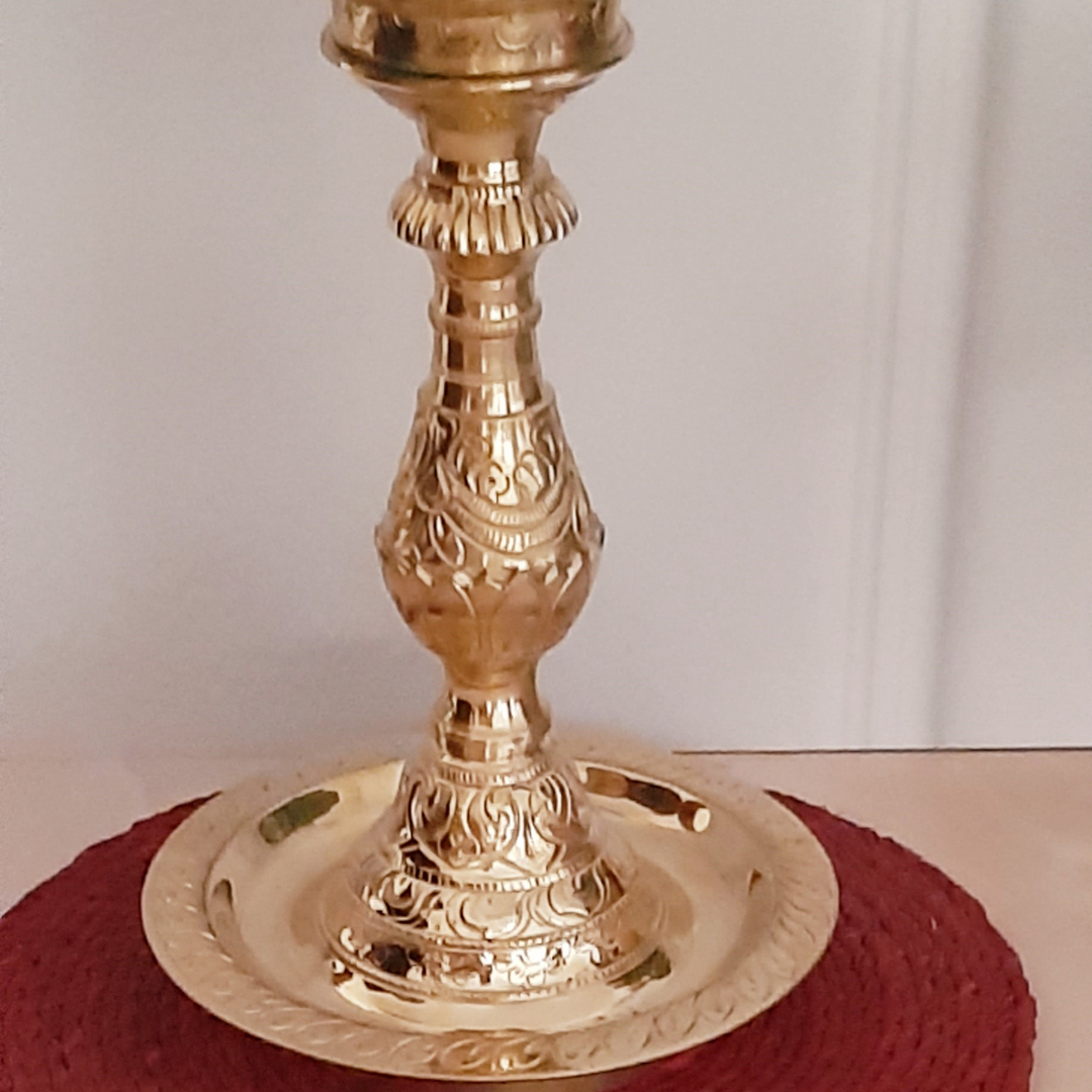 Premium Hand Etched Brass/Peetal Kuthuvilakku(Lamp, 12 Inches)-Brass-Fabartistry