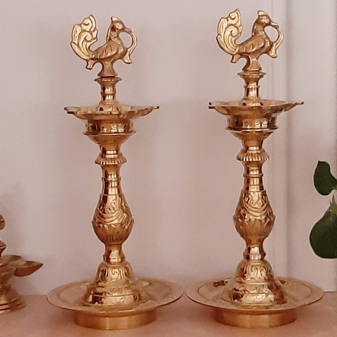 Premium Hand Etched Brass/Peetal Kuthuvilakku(Lamp, 12 Inches)-Brass-Fabartistry