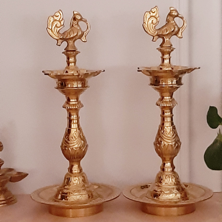 Premium Hand Etched Brass/Peetal Kuthuvilakku(Lamp, 12 Inches)-Brass-Fabartistry