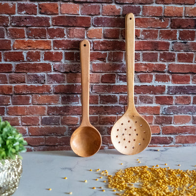 100% Pure Neem Wood Skimmer And Curry Ladles(Pack of 2,Brown)