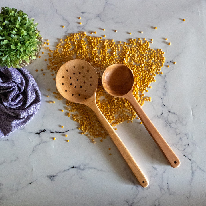 100% Pure Neem Wood Skimmer And Curry Ladles(Pack of 2,Brown)