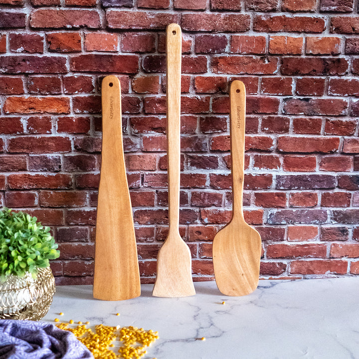 100% Pure Neem Wood Flip Ladles(Pack of 3,Brown)