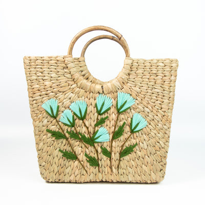 Natural Kauna Grass  Hand Embroidered Picnic/Shopping HandBag With Wooden Handle