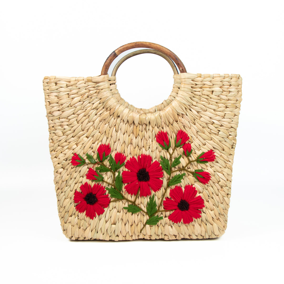Natural Kauna Grass  Hand Embroidered Picnic/Shopping HandBag With Wooden Handle