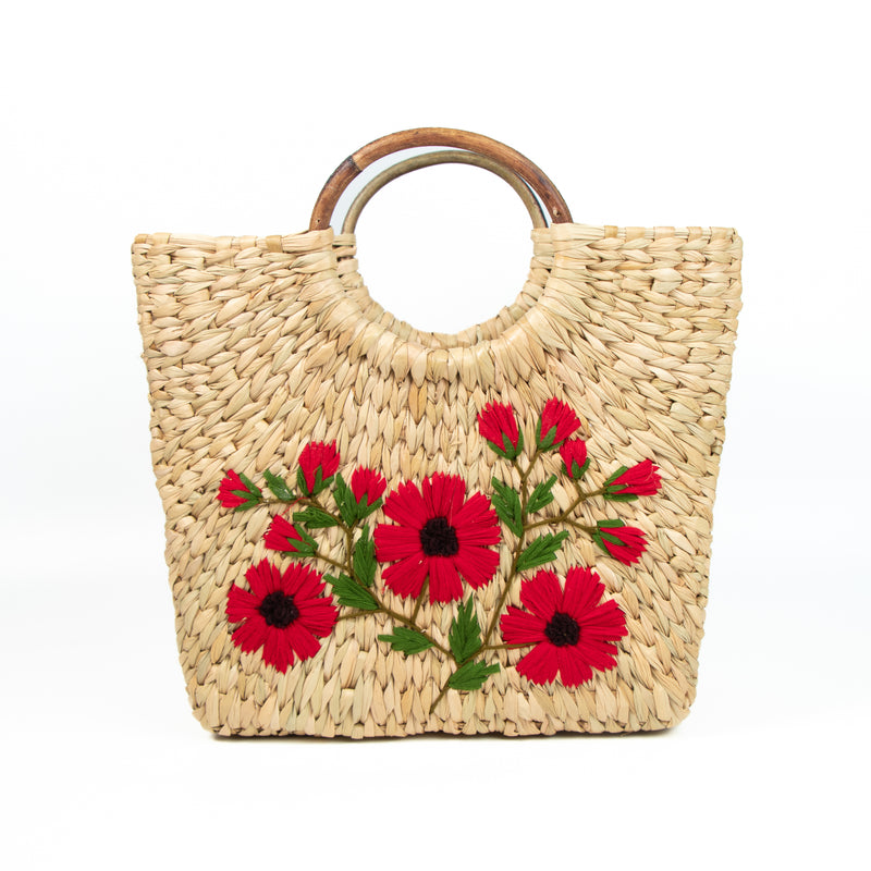 Natural Kauna Grass  Hand Embroidered Picnic/Shopping HandBag With Wooden Handle