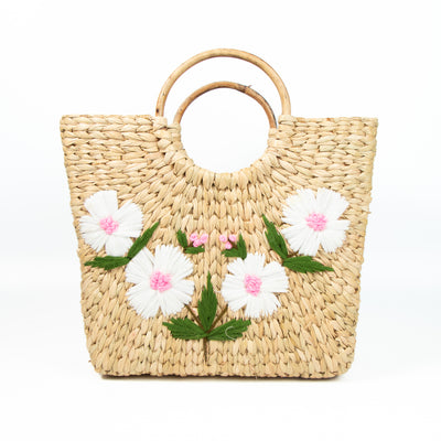 Natural Kauna Grass  Hand Embroidered Picnic/Shopping HandBag With Wooden Handle