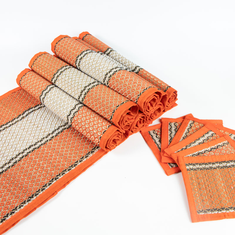 River Grass 13 Pieces Dining Set-1 Runner, 6 table mats and 6 Coasters(Orange)