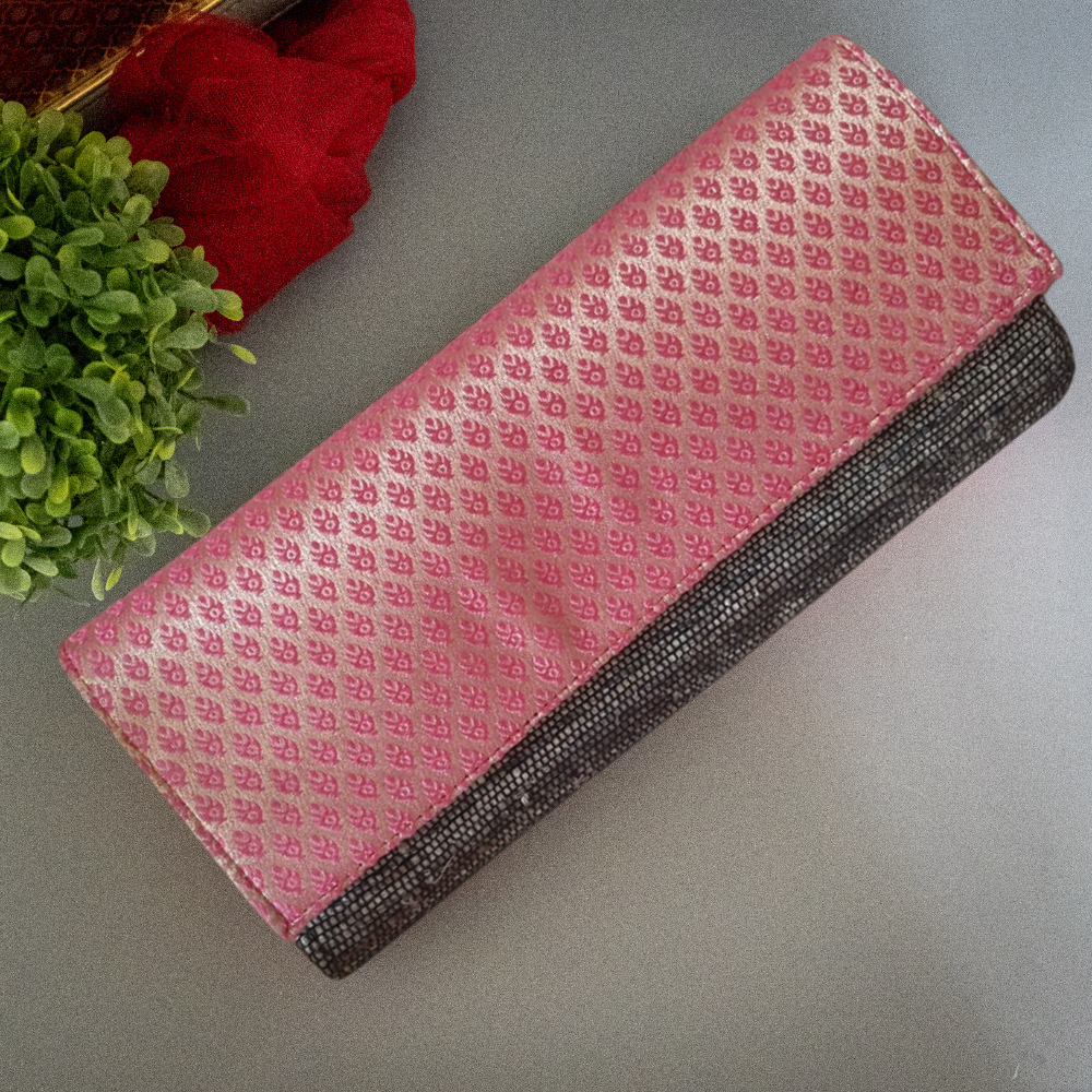 Handmade Banana Fibre Clutch For Women (10*4.5 inches, Pink Silk Zari)-Banana Fiber-Fabartistry