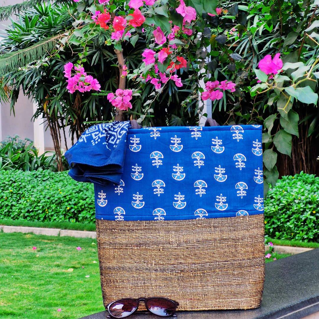 Banana Fiber Tote Bag for Women | Printed Multipurpose Banana Fiber Bags | Cute HandBag for Girls | Blue Color-Banana Fiber-Fabartistry