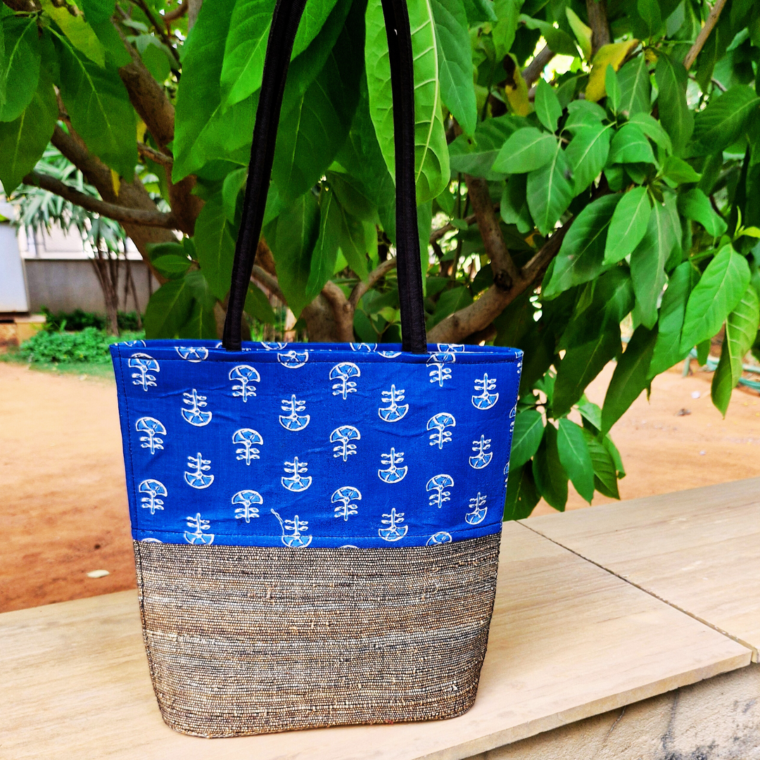 Banana Fiber Tote Bag for Women | Printed Multipurpose Banana Fiber Bags | Cute HandBag for Girls | Blue Color-Banana Fiber-Fabartistry