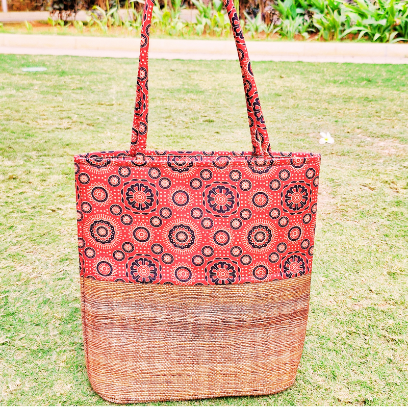 Banana Fiber Tote Bag for Women | Printed Multipurpose Banana Fiber Bags | Cute HandBag for Girls | Red Color