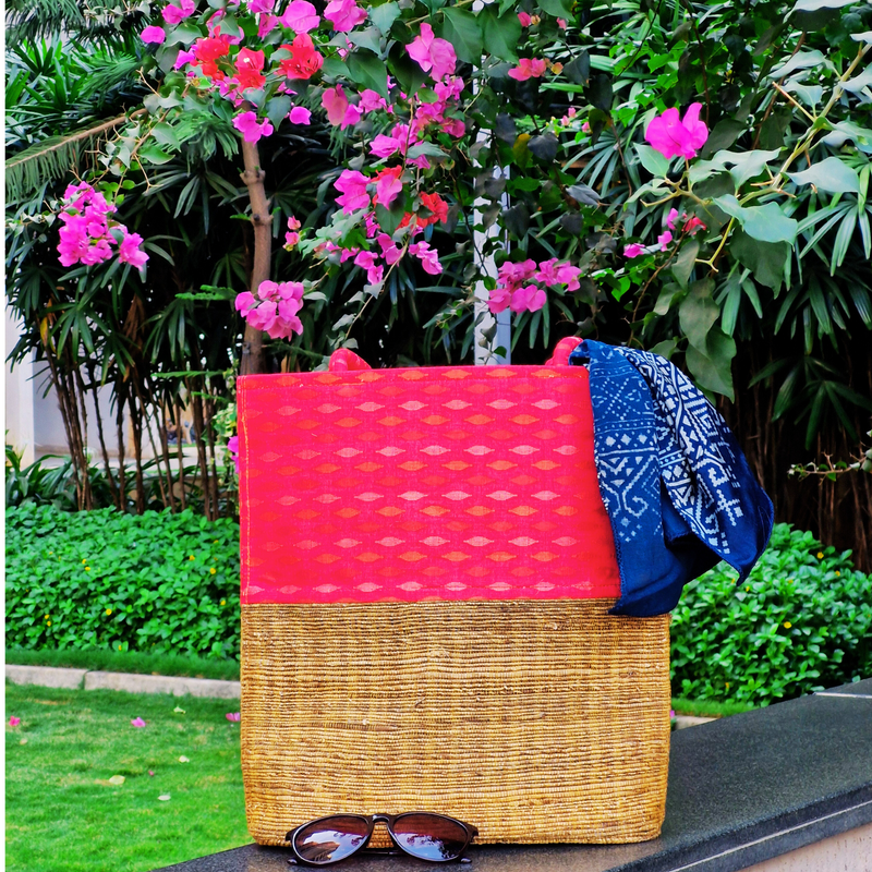 Banana Fiber Tote Bag for Women | Printed Multipurpose Banana Fiber Bags | Cute HandBag for Girls | Ikkat Red Color