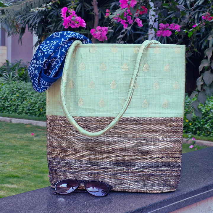 Banana Fiber Tote Bag for Women | Printed Multipurpose Banana Fiber Bags | Cute HandBag for Girls | Light Green Zari-Banana Fiber-Fabartistry