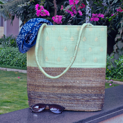 Banana Fiber Tote Bag for Women | Printed Multipurpose Banana Fiber Bags | Cute HandBag for Girls | Light Green Zari