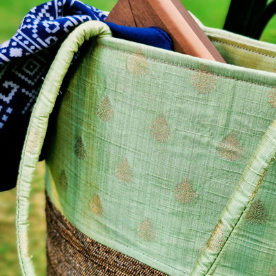 Banana Fiber Tote Bag for Women | Printed Multipurpose Banana Fiber Bags | Cute HandBag for Girls | Light Green Zari