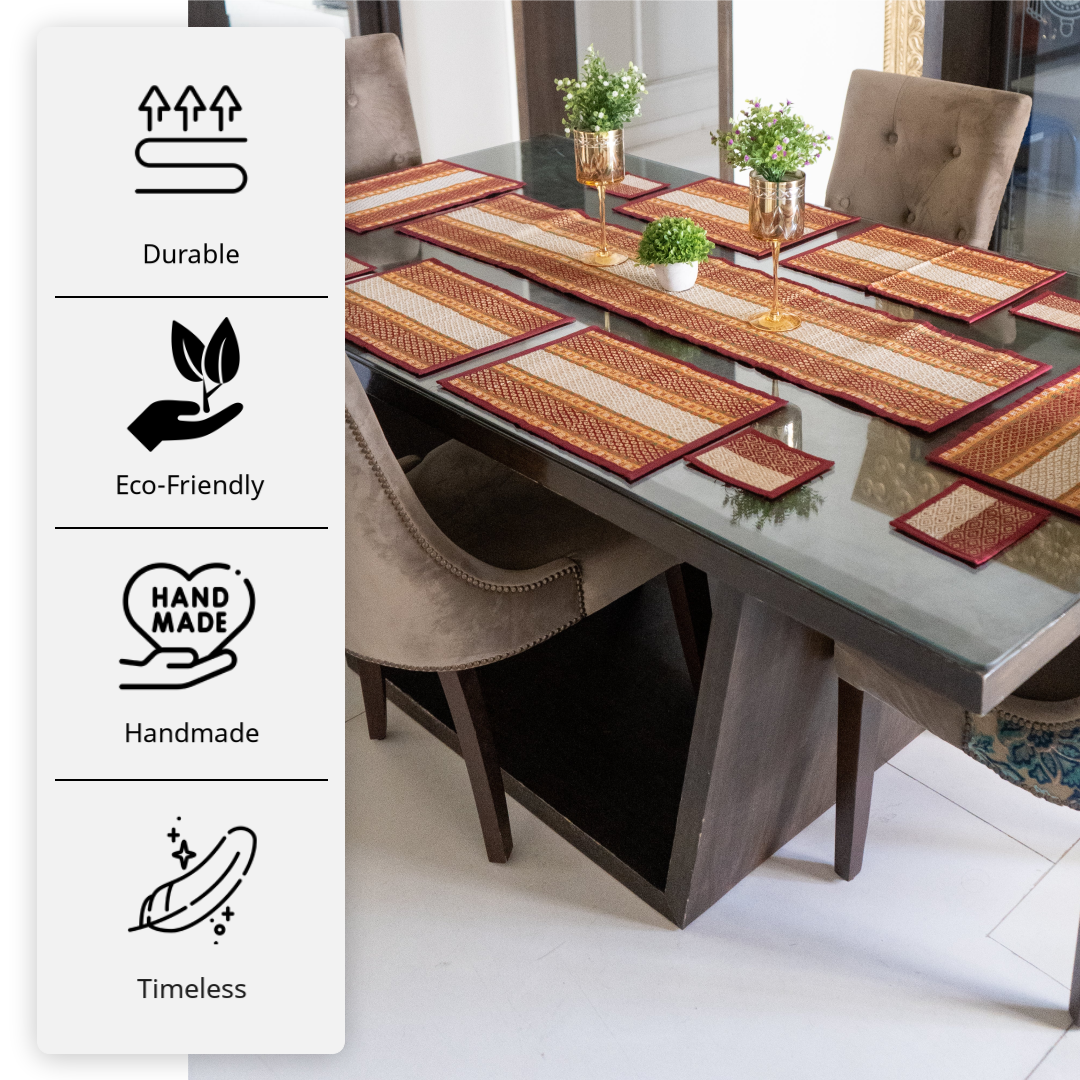 River Grass 13 Pieces Dining Set-1 Runner, 6 table mats and 6 Coasters(Maroon)-Sabai Grass-Fabartistry