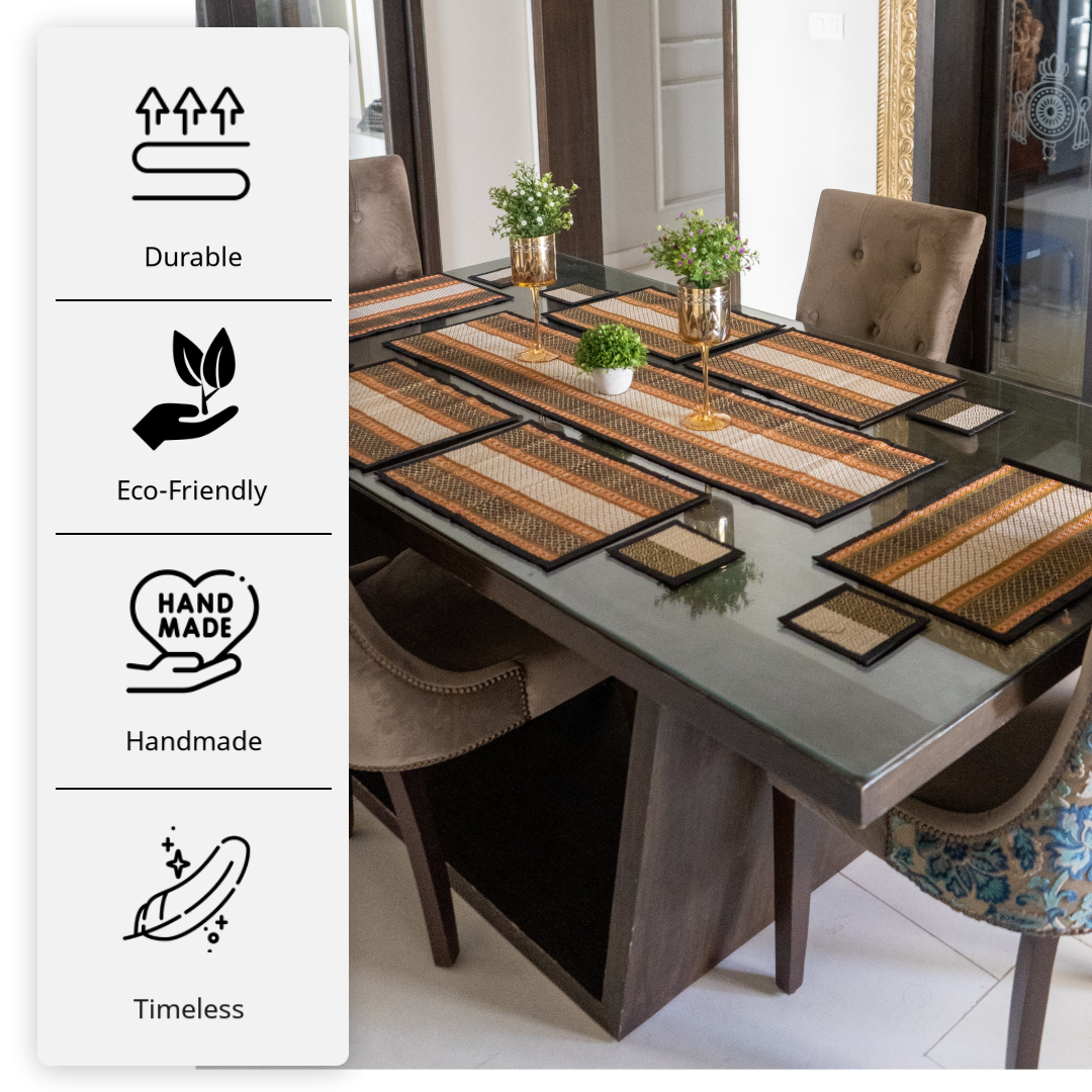Handmade Sabai Grass Dining Table Runner 1 Pieces | Table Mat 6 Pieces | Coasters 6 Pieces | Black Colour-Sabai Grass-Fabartistry