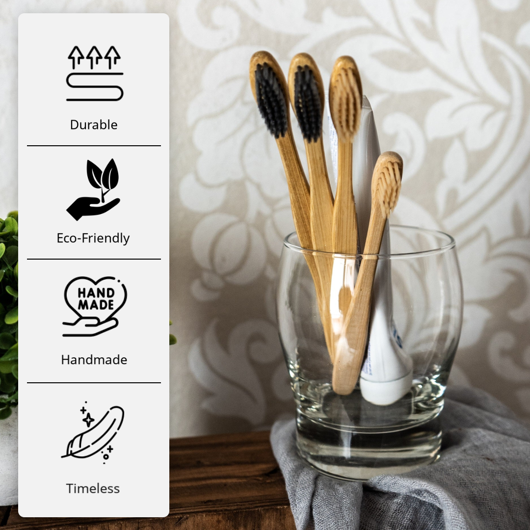Bamboo Toothbrush Set of 4 (2 Charcoal bristle, 1 Bamboo bristle, 1 Kids Brush)-Fabartistry
