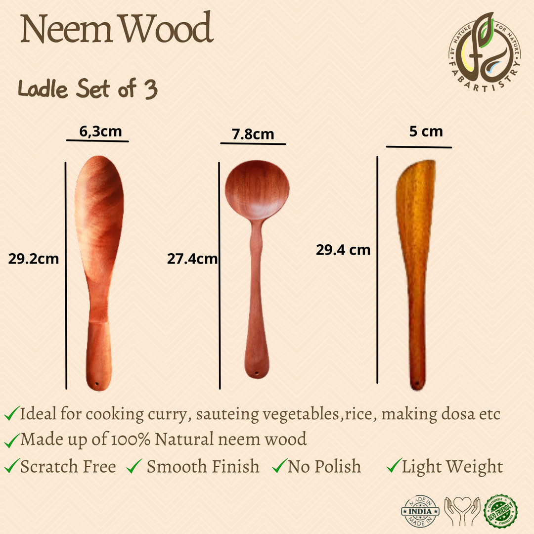 Neem Wood Ladles Set of 3 (Biriyani ,Vegetables and Sauté)-Neem Wood-Fabartistry