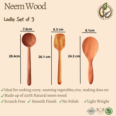 Neem Wood Ladles Set of 3 (Rice, Curry and Saute)