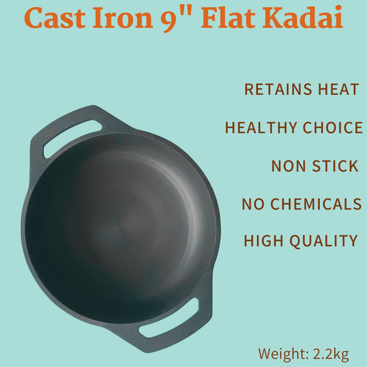 Pre-seasoned Cast Iron Flat Base Kadai (9")-Cast Iron-Fabartistry