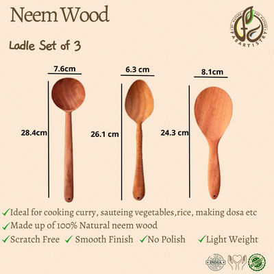 Neem Wood Ladles Set of 3 (Rice ,Curry, Vegetables)