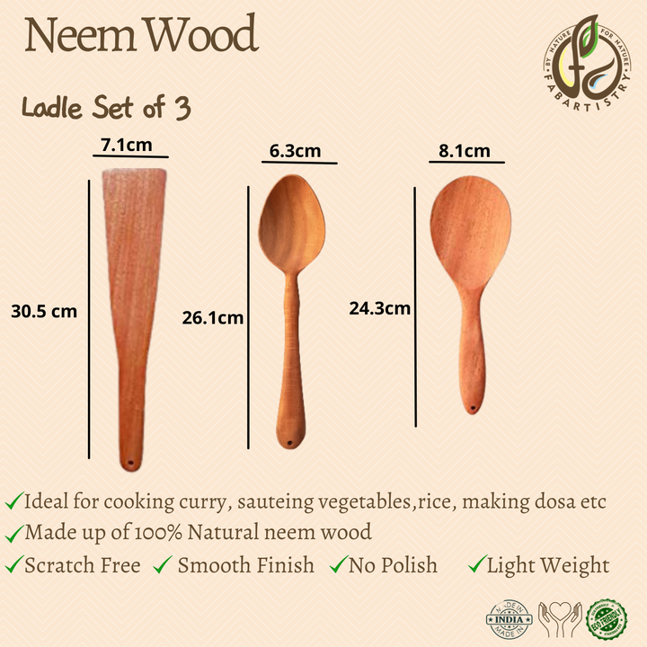 Neem Wood Ladles Set Of 3(Rice, Vegetables, Dosa)-Neem Wood-Fabartistry