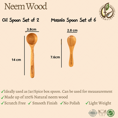 Neem Wood Condiment Set of 2 (Oil Spoons Pack of 2, Masala Spoons Pack of 6)