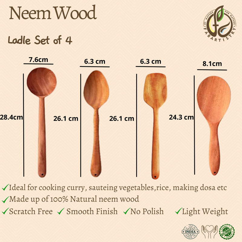 Neem Wood Ladles Set of 4(Rice,Curry, Vegetables and Saute)