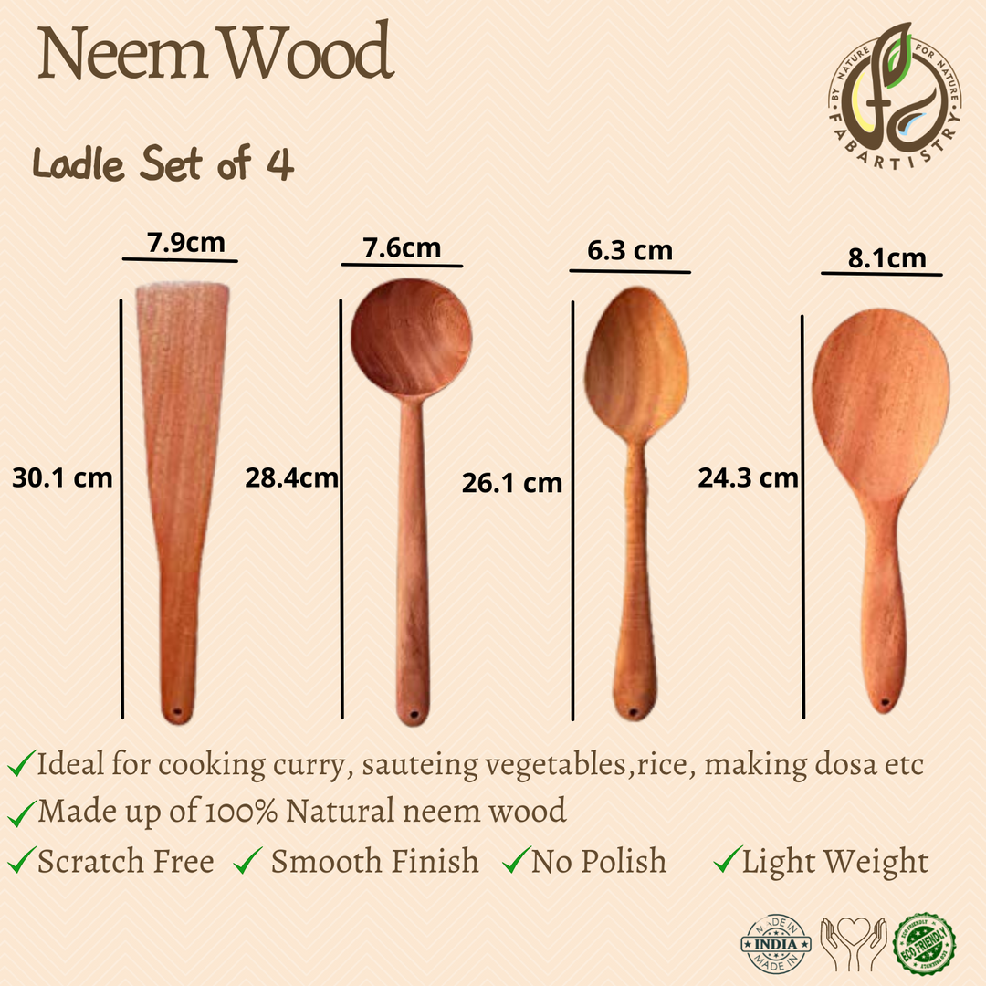 Neem Wood Ladles Set Of 4 (Rice, Curry, Vegetables and Dosa)-Neem Wood-Fabartistry