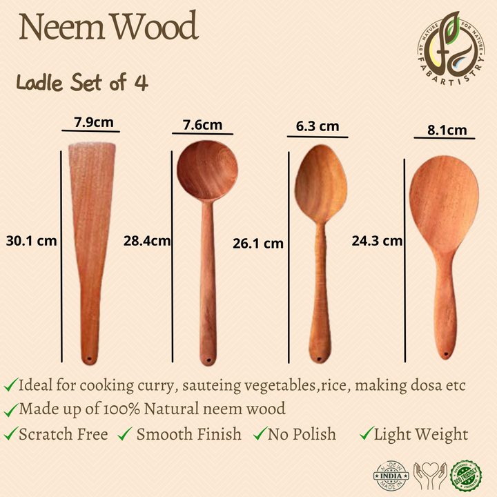 Neem Wood Ladles Set Of 4 (Rice, Curry, Vegetables and Dosa)-Neem Wood-Fabartistry