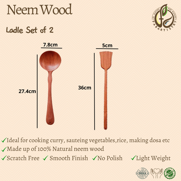 Neem Wood Ladles Set Of 2(Vegetable and Dosa)-Neem Wood-Fabartistry