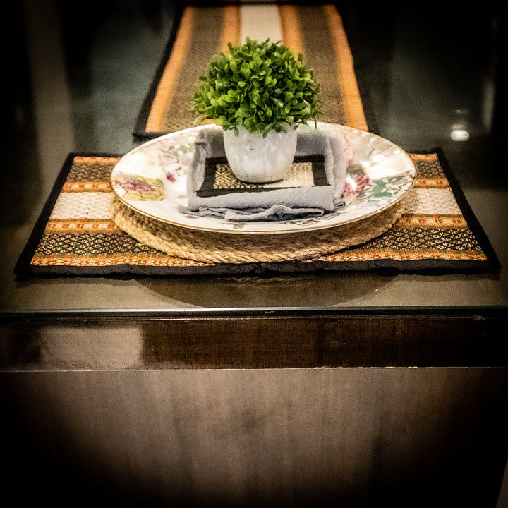 Handmade Sabai Grass Dining Table Runner 1 Pieces | Table Mat 6 Pieces | Coasters 6 Pieces | Black Colour-Sabai Grass-Fabartistry