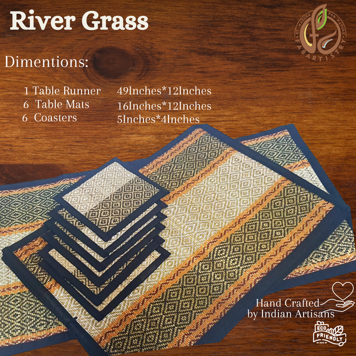 Handmade Sabai Grass Dining Table Runner 1 Pieces | Table Mat 6 Pieces | Coasters 6 Pieces | Black Colour-Sabai Grass-Fabartistry