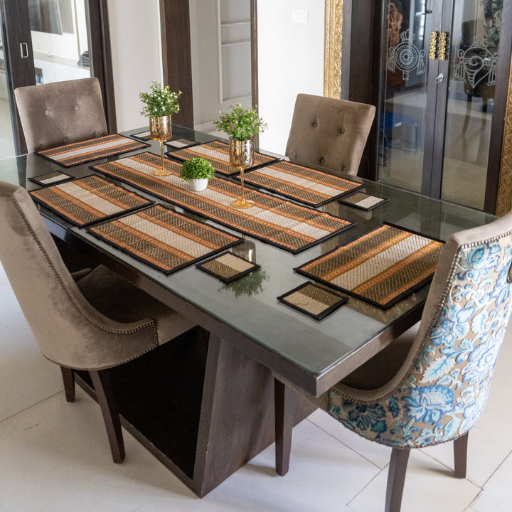 Handmade Sabai Grass Dining Table Runner 1 Pieces | Table Mat 6 Pieces | Coasters 6 Pieces | Black Colour-Sabai Grass-Fabartistry