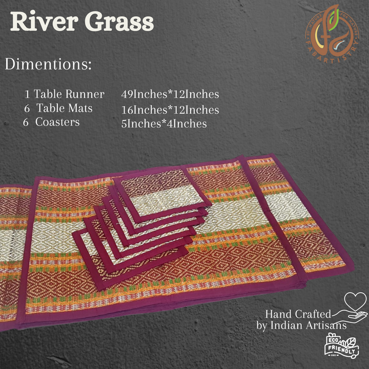 River Grass 13 Pieces Dining Set-1 Runner, 6 table mats and 6 Coasters(Maroon)-Sabai Grass-Fabartistry