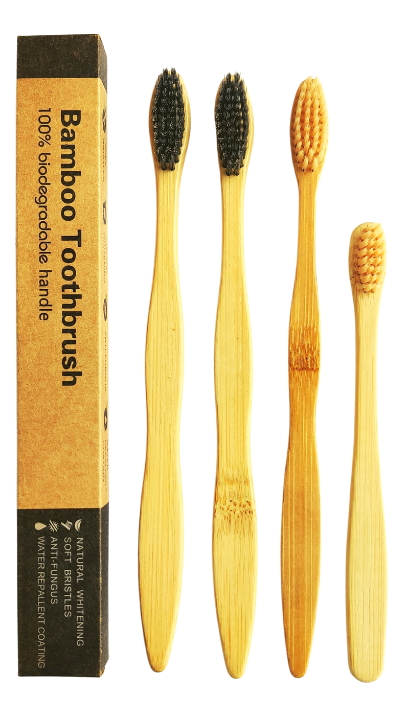Bamboo Toothbrush Set of 4 (2 Charcoal bristle, 1 Bamboo bristle, 1 Kids Brush)