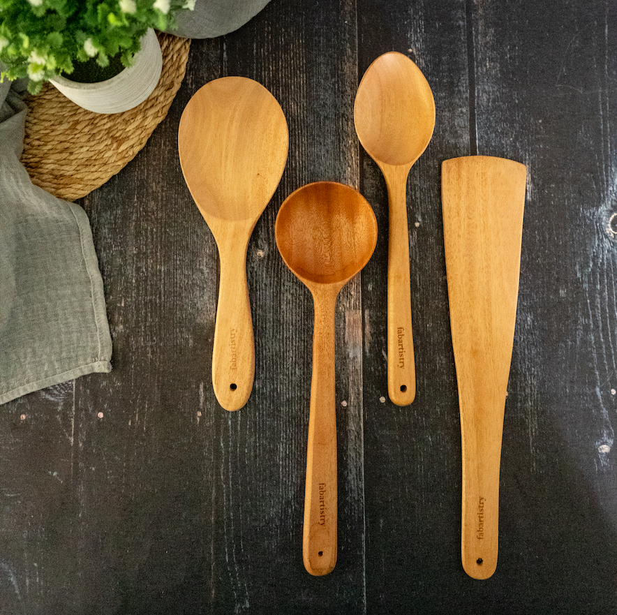 Neem Wood Ladles Set Of 4 (Rice, Curry, Vegetables and Dosa)-Neem Wood-Fabartistry
